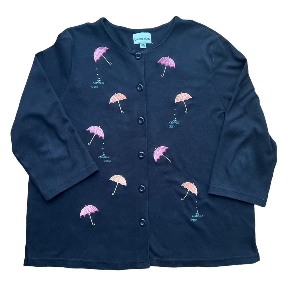 Vintage Breckenridge women Black Sweater Cardigan Cute Embroidered Umbrellas XL